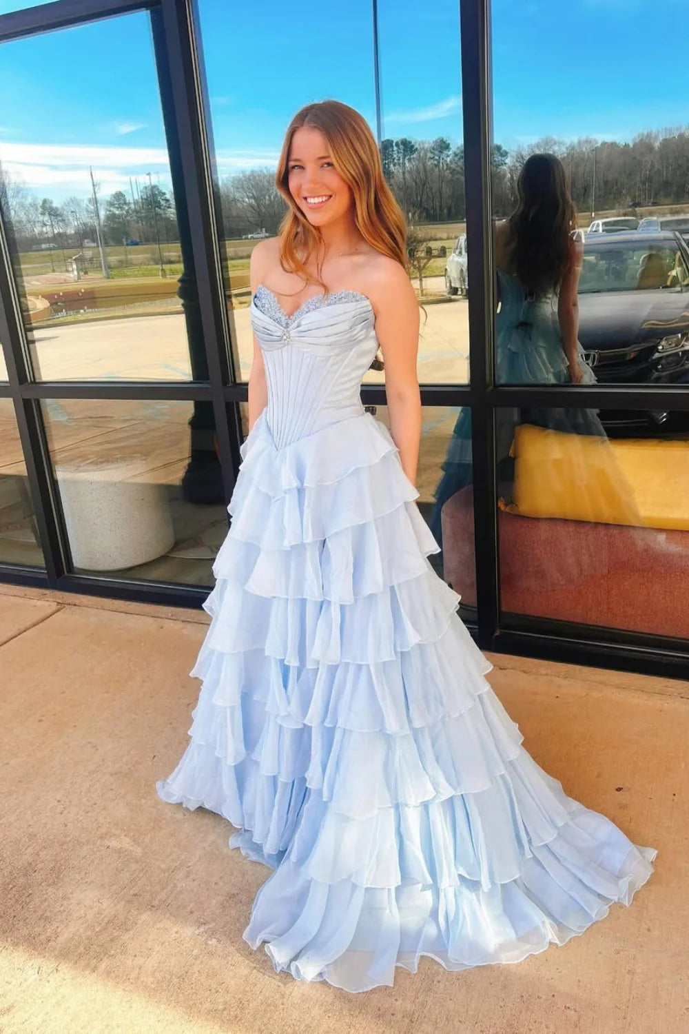 Romantic Tulle Prom Dress with Strapless Beaded Neckline, Corset Bodice and Tiered Ruffle Skirt