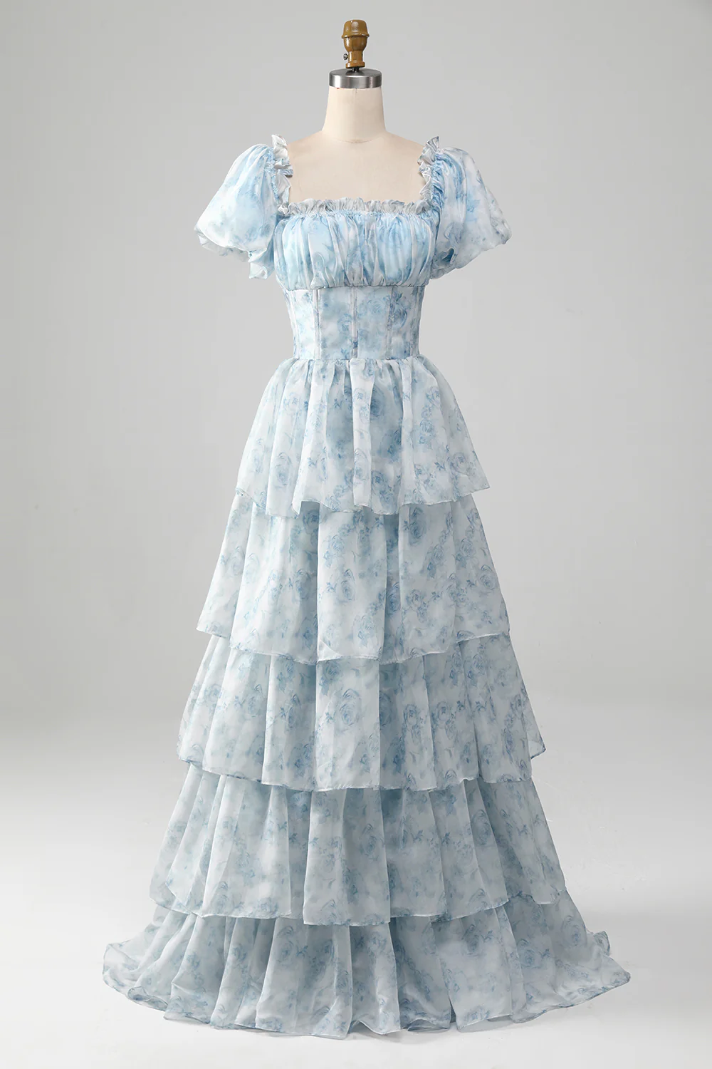 Romantic Puff Sleeve Floral Print Tiered Ruffle Organza Maxi Prom Dress with Square Neck