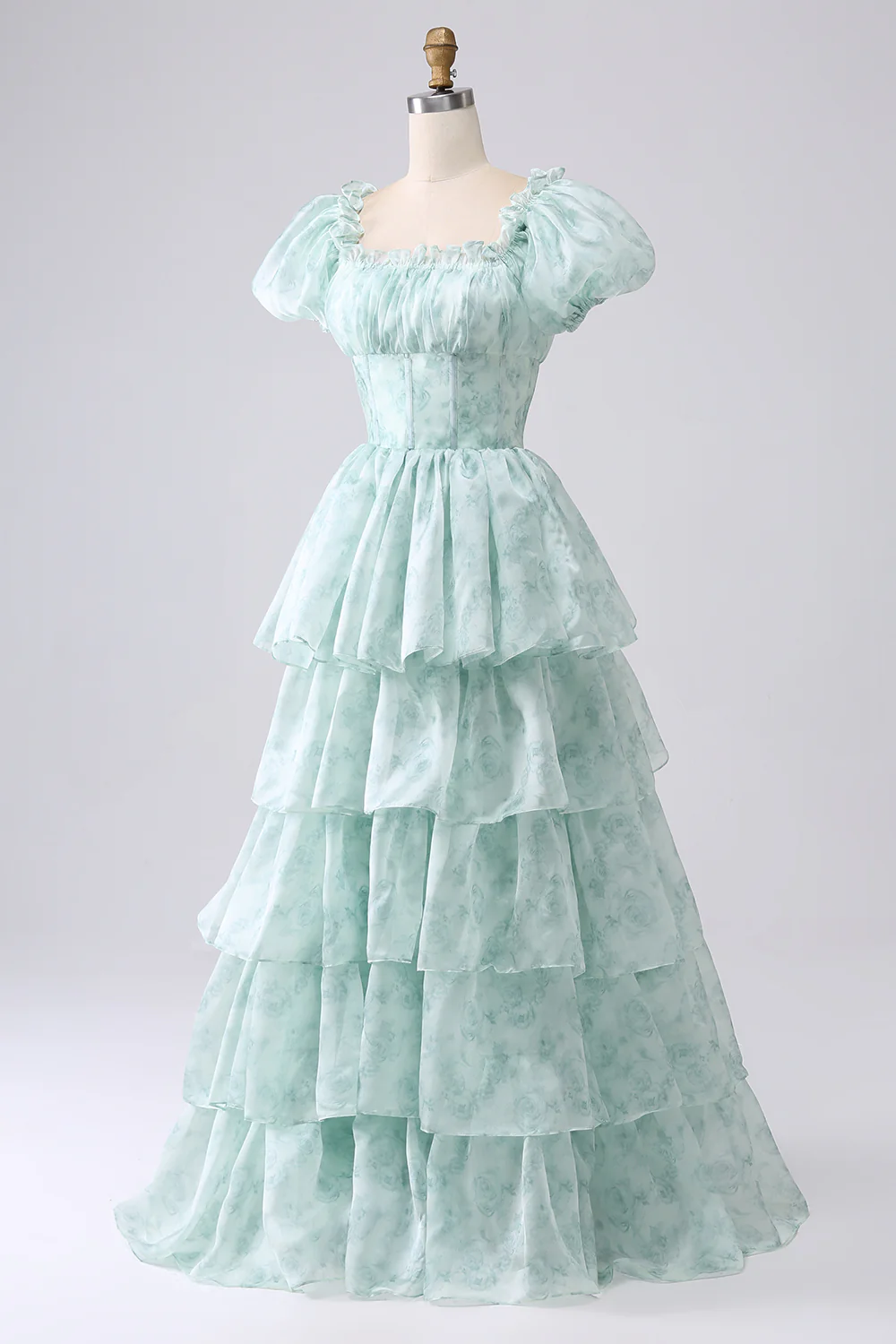 Romantic Puff Sleeve Floral Print Tiered Ruffle Organza Maxi Prom Dress with Square Neck