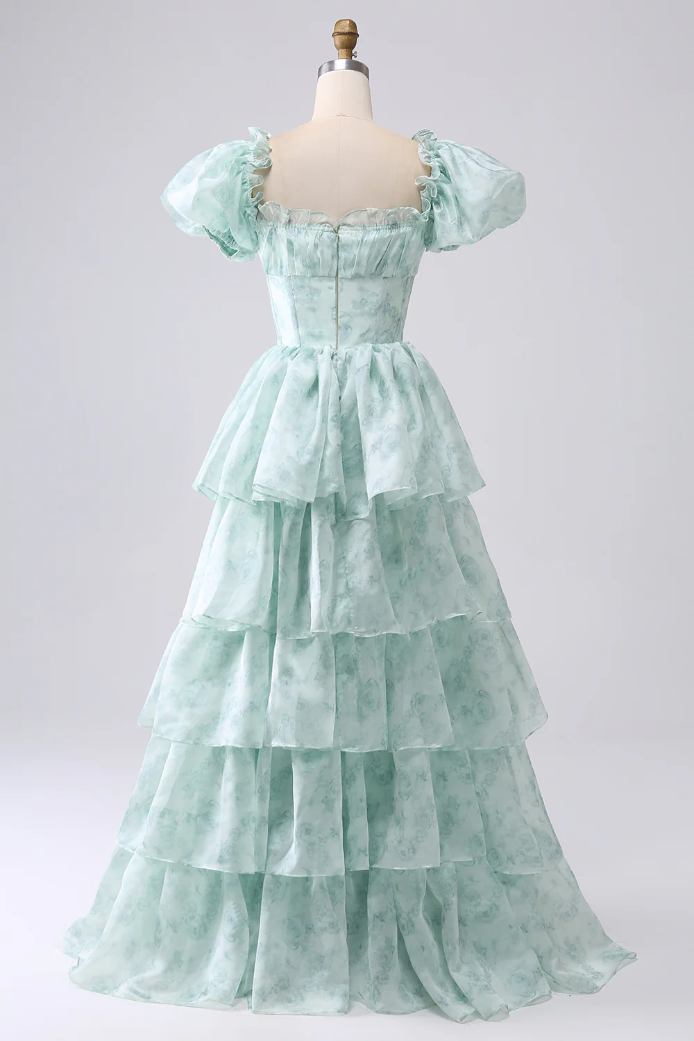 Romantic Puff Sleeve Floral Print Tiered Ruffle Organza Maxi Prom Dress with Square Neck