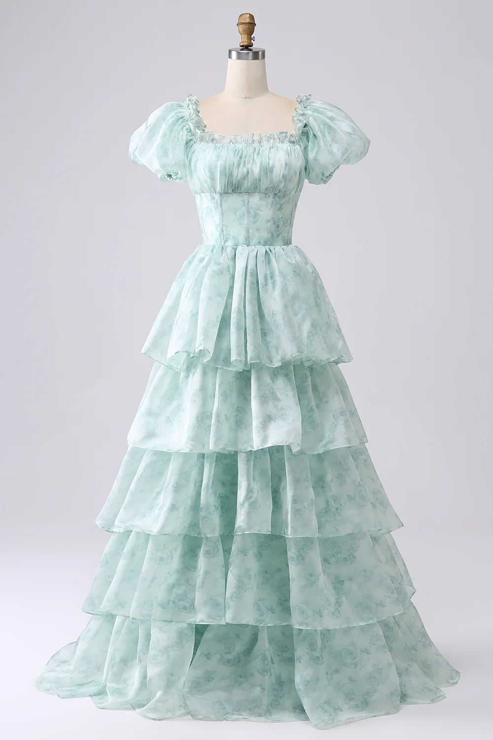 Romantic Puff Sleeve Floral Print Tiered Ruffle Organza Maxi Prom Dress with Square Neck