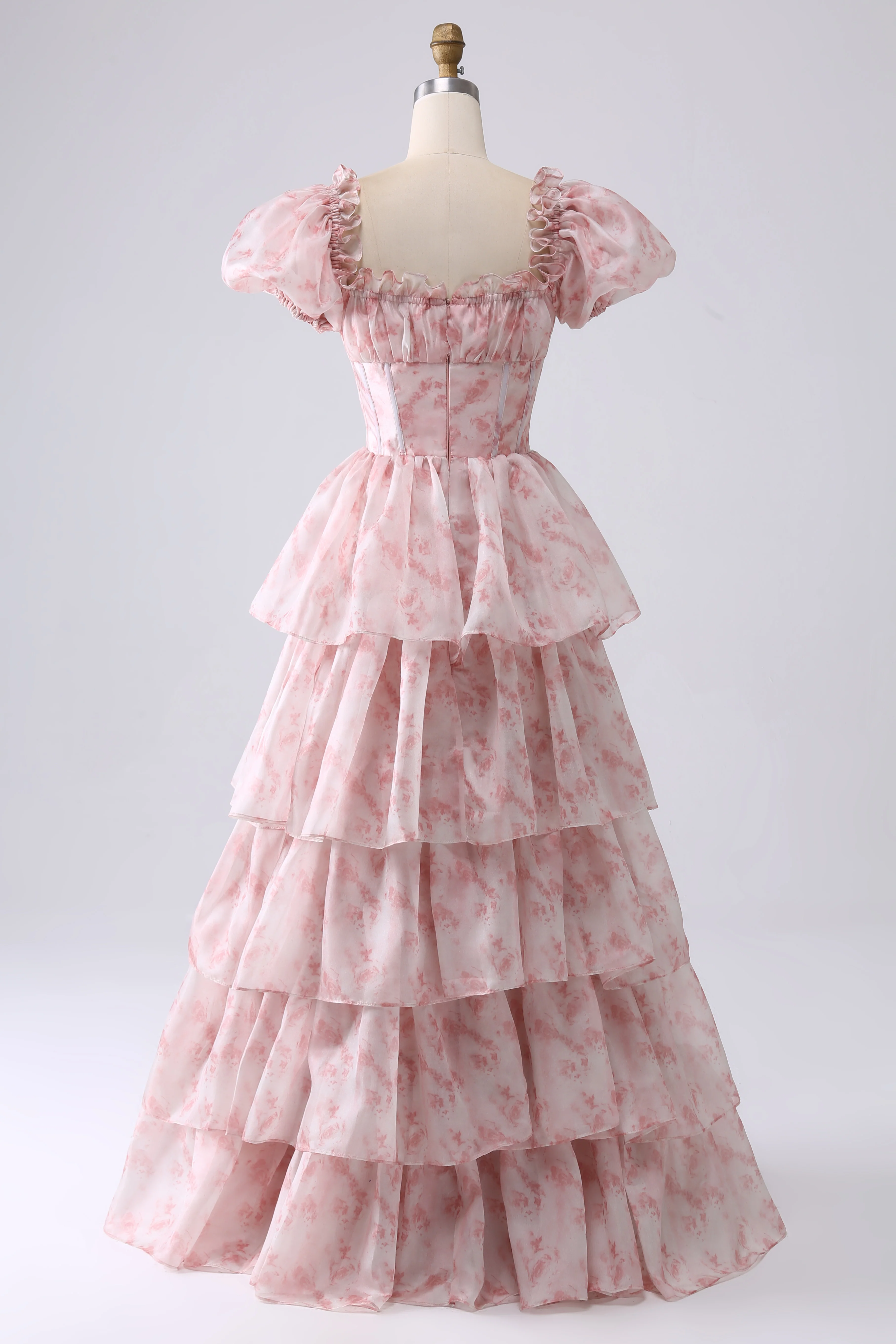 Romantic Puff Sleeve Floral Print Tiered Ruffle Organza Maxi Prom Dress with Square Neck