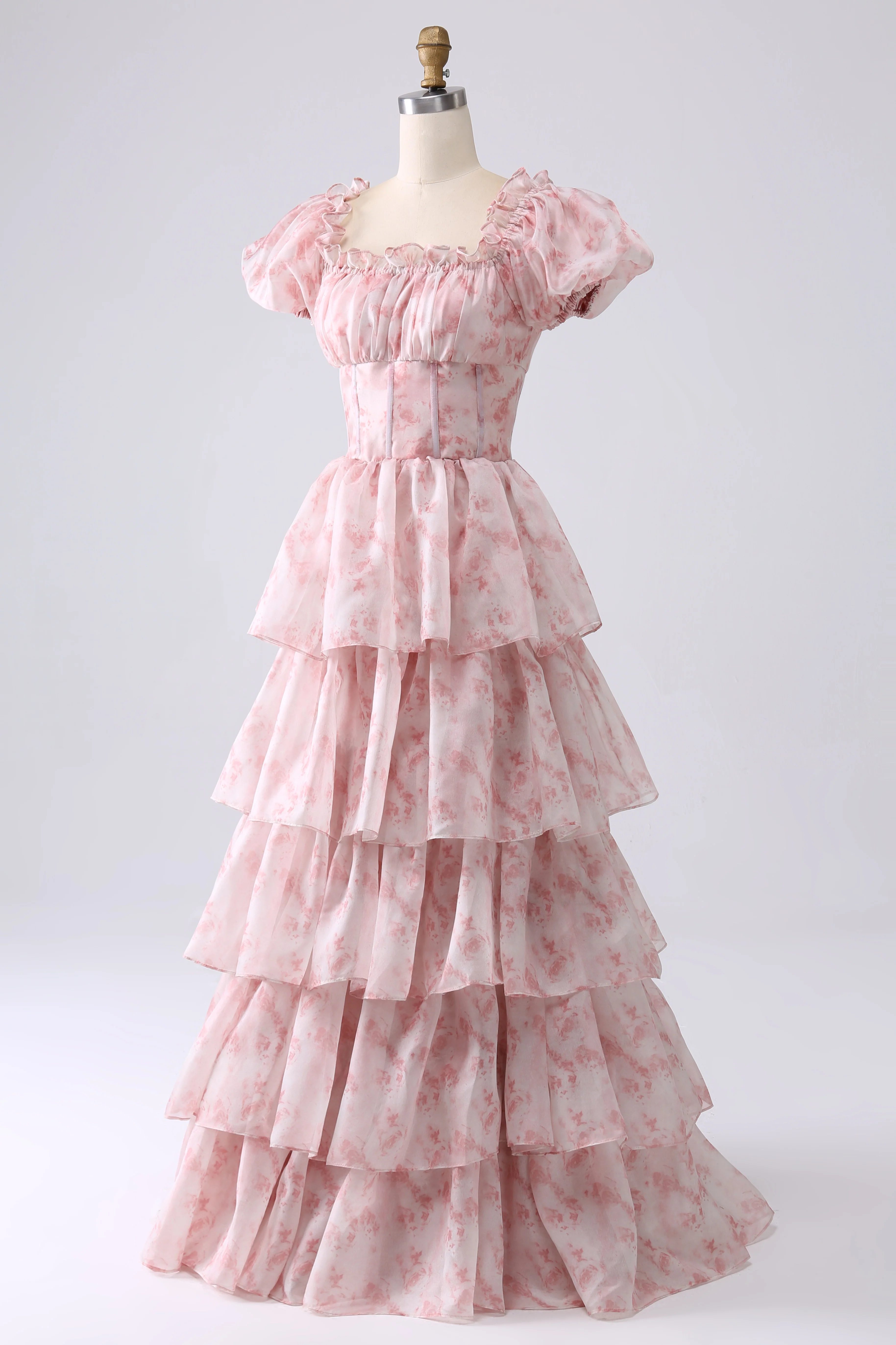 Romantic Puff Sleeve Floral Print Tiered Ruffle Organza Maxi Prom Dress with Square Neck