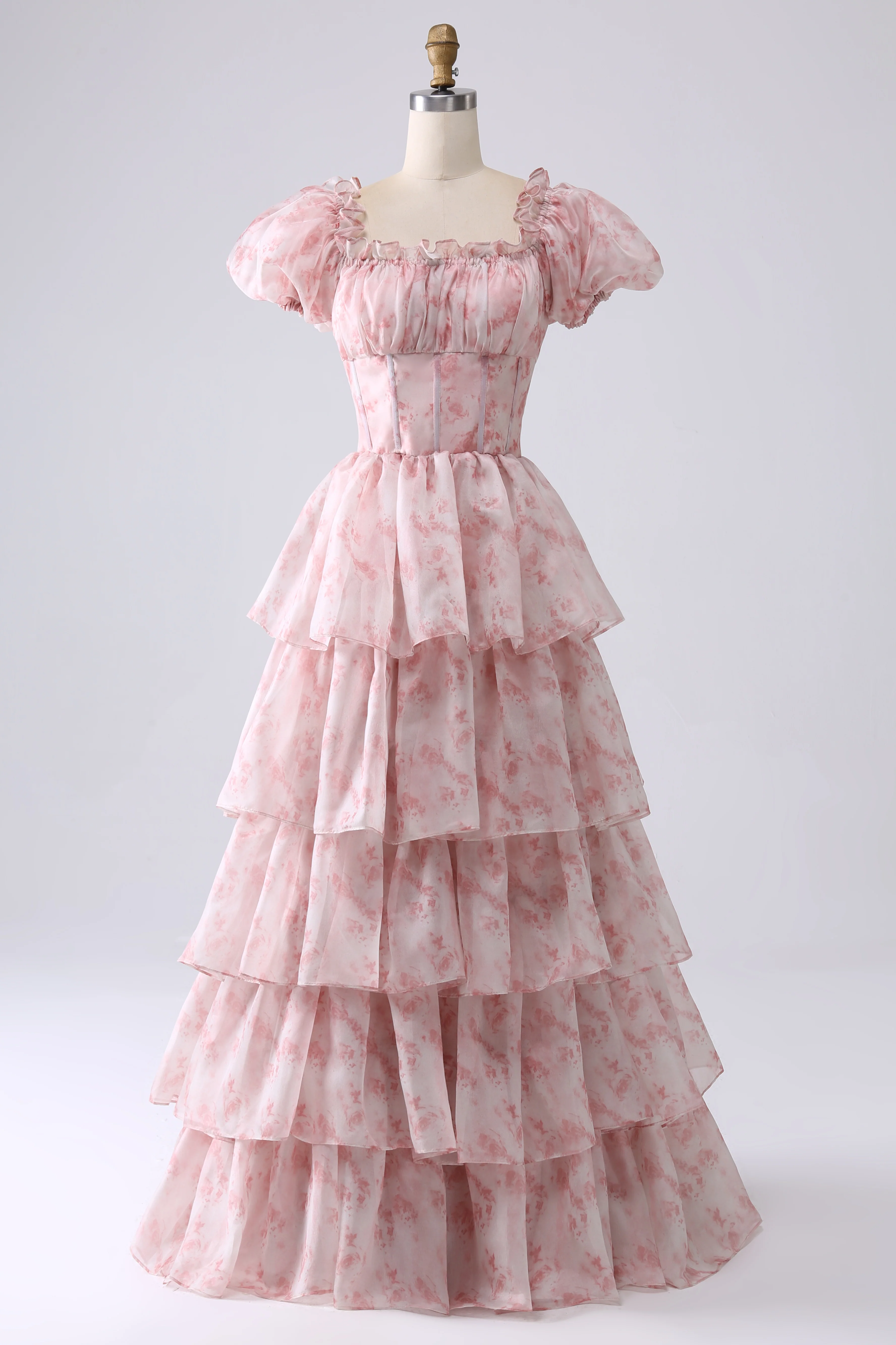 Romantic Puff Sleeve Floral Print Tiered Ruffle Organza Maxi Prom Dress with Square Neck