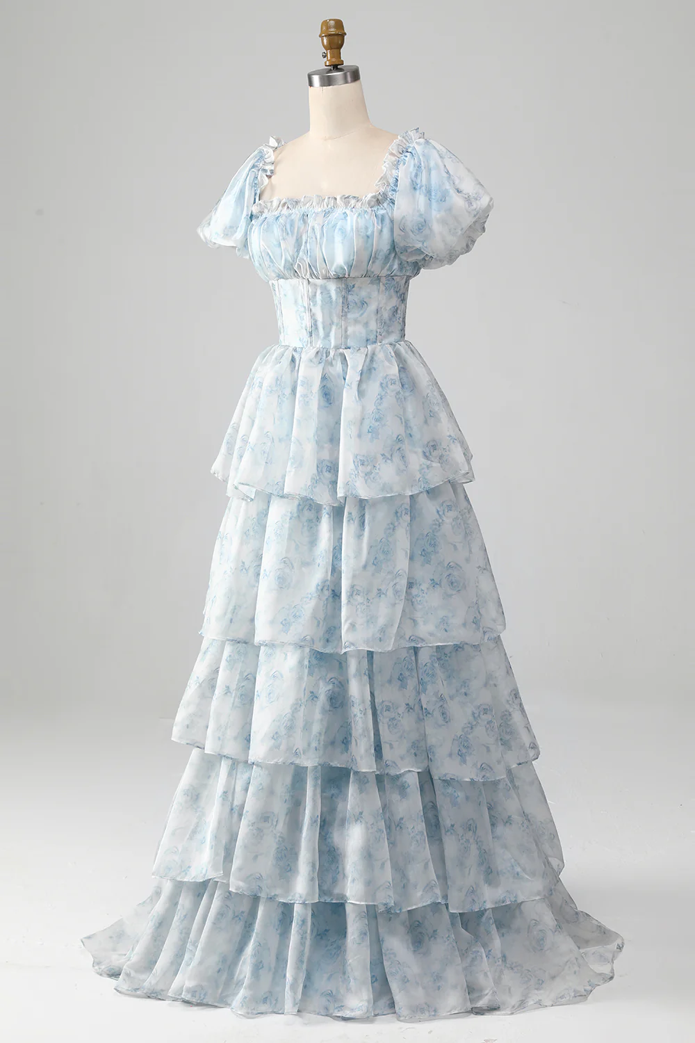 Romantic Puff Sleeve Floral Print Tiered Ruffle Organza Maxi Prom Dress with Square Neck