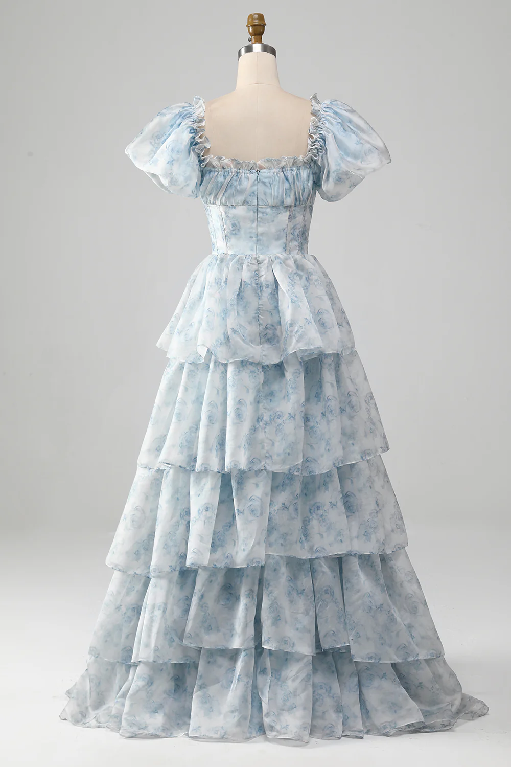 Romantic Puff Sleeve Floral Print Tiered Ruffle Organza Maxi Prom Dress with Square Neck