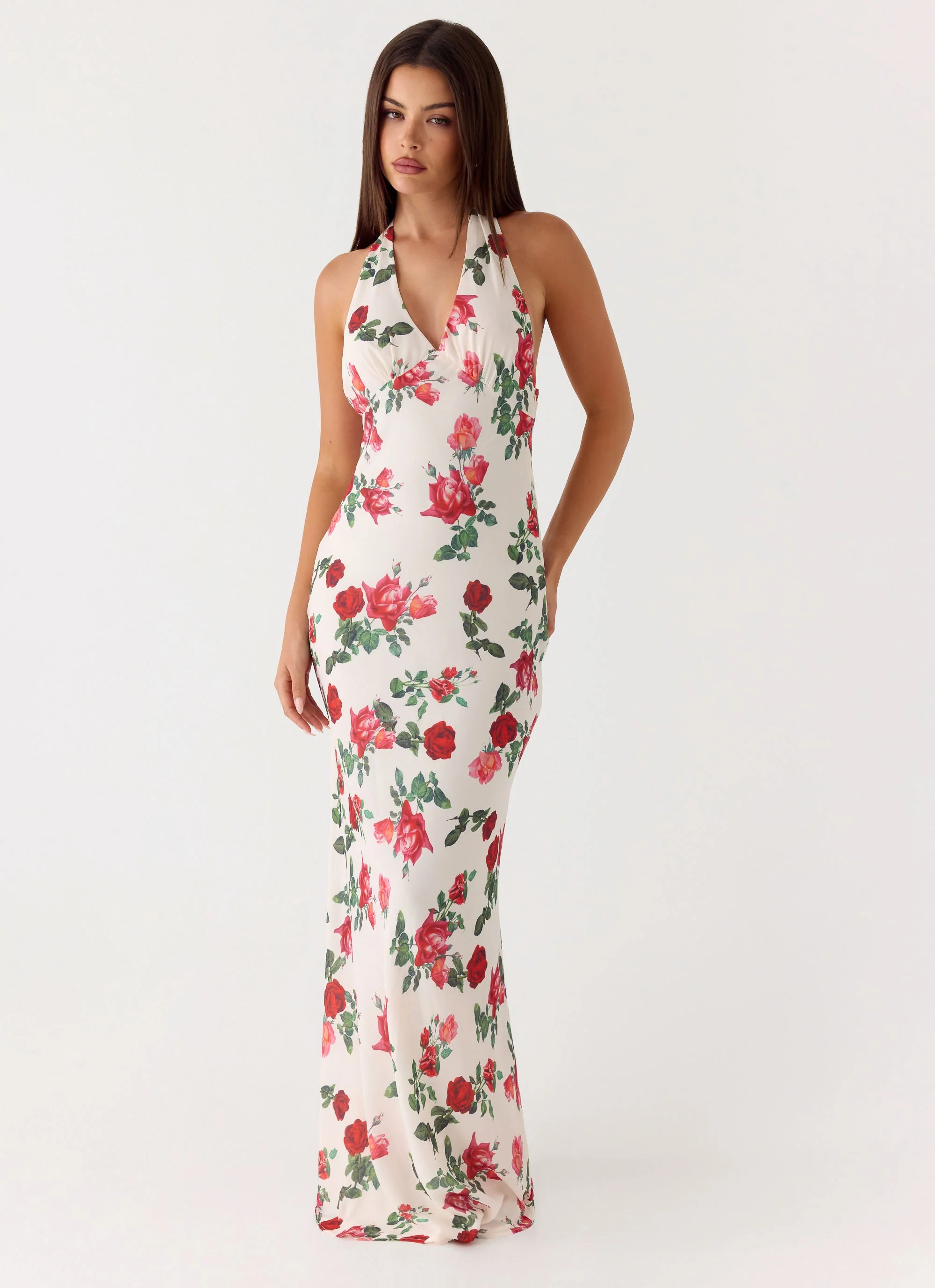 Romantic Rose Floral Print Mermaid Halter Neck Sleeveless Open Back Maxi Prom Dress