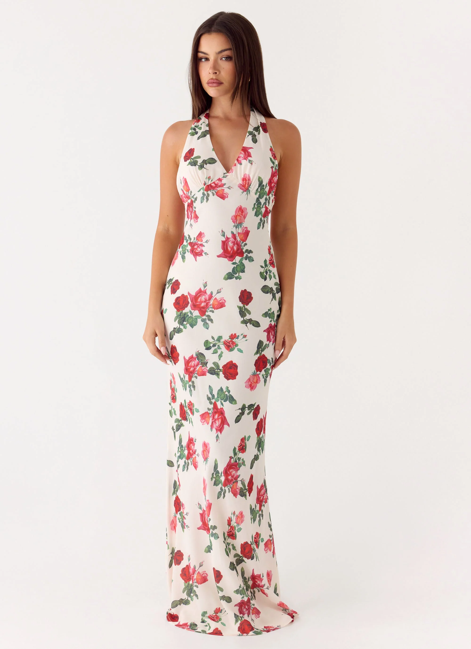 Romantic Rose Floral Print Mermaid Halter Neck Sleeveless Open Back Maxi Prom Dress