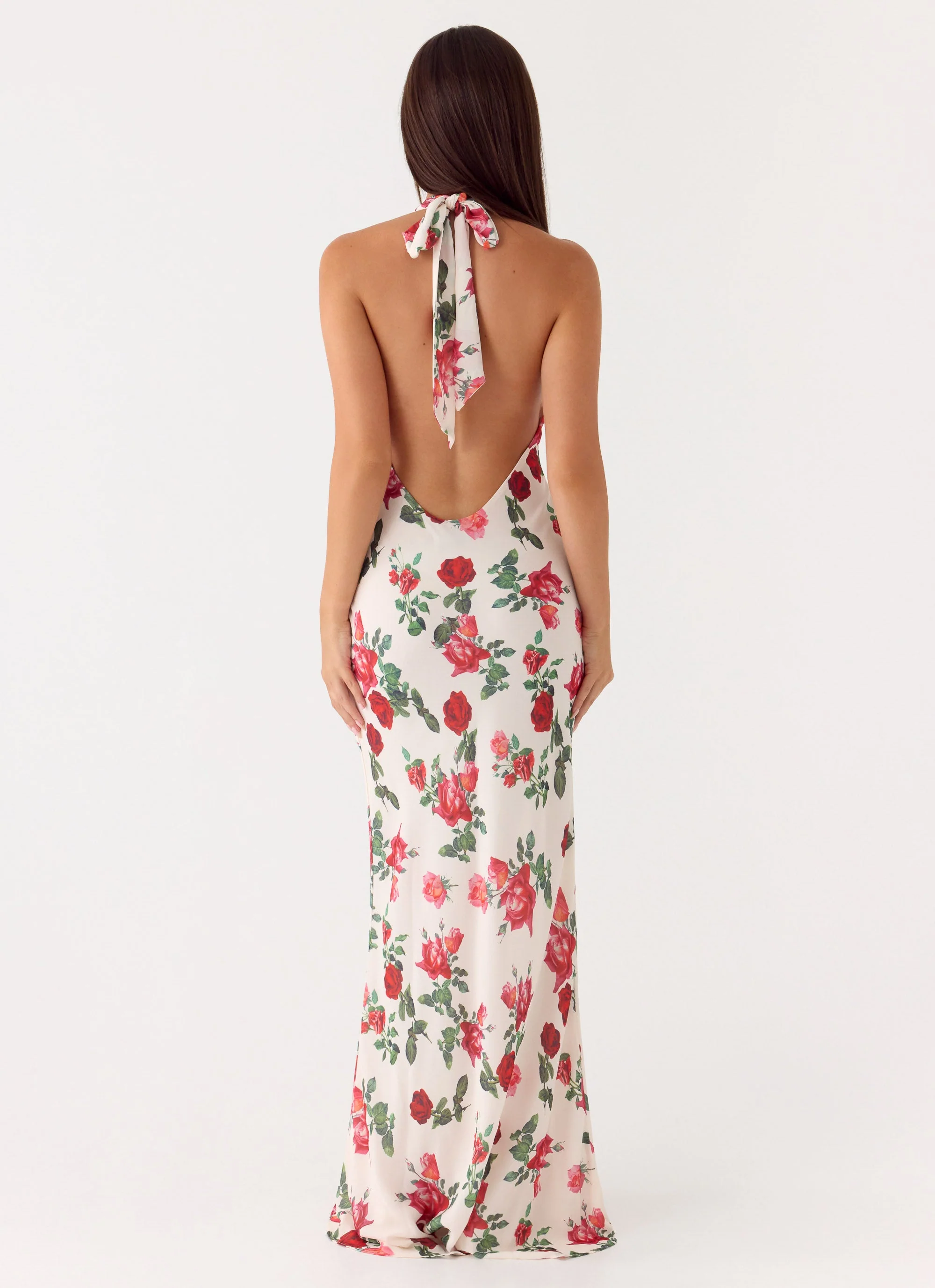 Romantic Rose Floral Print Mermaid Halter Neck Sleeveless Open Back Maxi Prom Dress