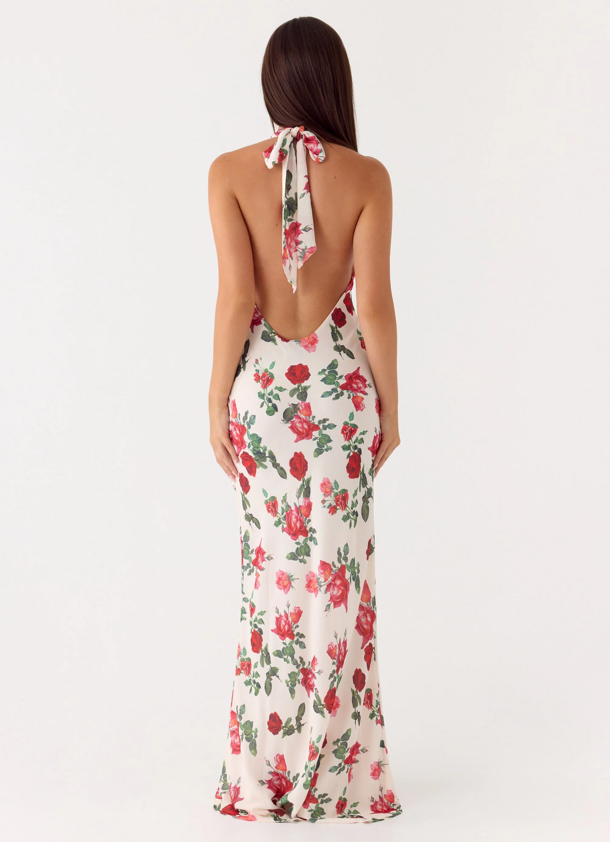 Ivory Chiffon Halter V-neck Floral Print Floor-Length Evening Dress