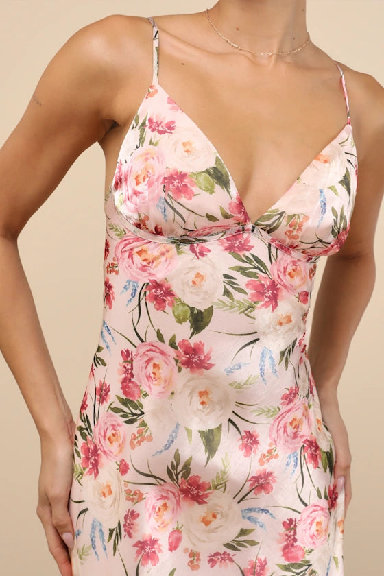 Romantic Satin Slip Maxi V-Neck Spaghetti Strap Open Back Crisscross Detail Floral Print Floor-Length Prom Dresses