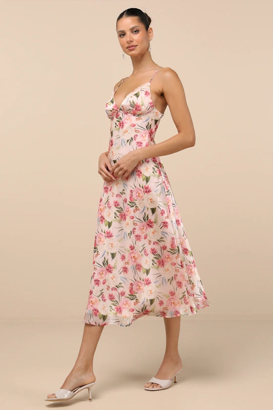 Romantic Satin Slip Maxi V-Neck Spaghetti Strap Open Back Crisscross Detail Floral Print Floor-Length Prom Dresses