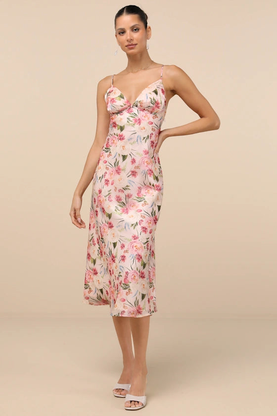 Romantic Satin Slip Maxi V-Neck Spaghetti Strap Open Back Crisscross Detail Floral Print Floor-Length Prom Dresses