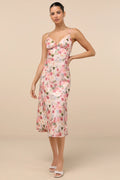 Blushing Pink Floral Print Satin V-Neck Midi Sheath Dress