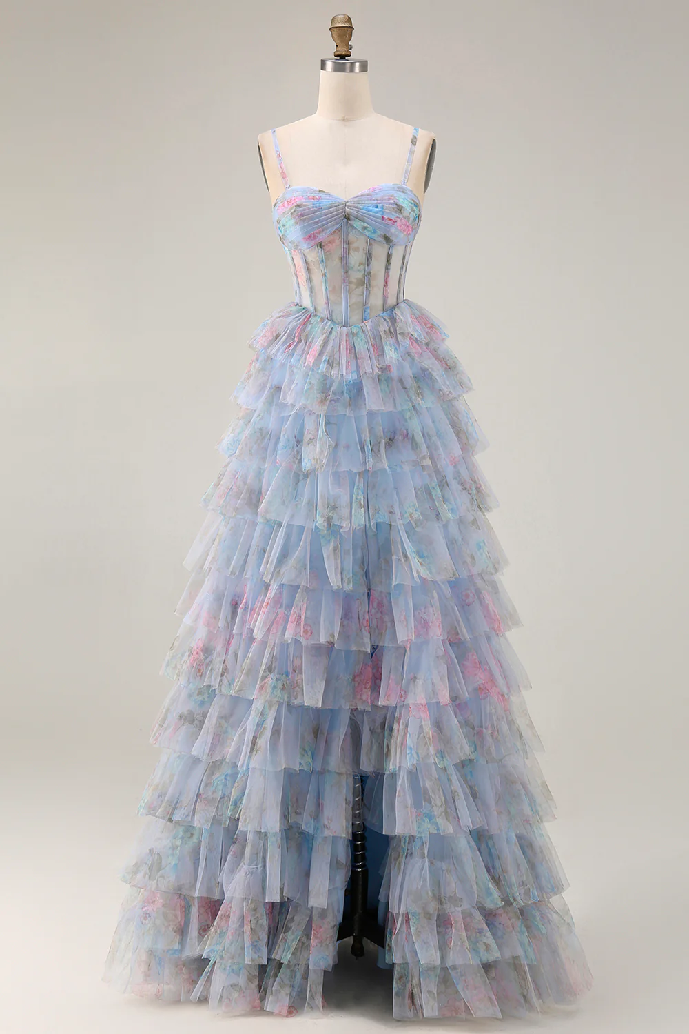 Romantic Spaghetti Strap Floral Print Tiered Ruffle Tulle Prom Dress with Corset Bodice