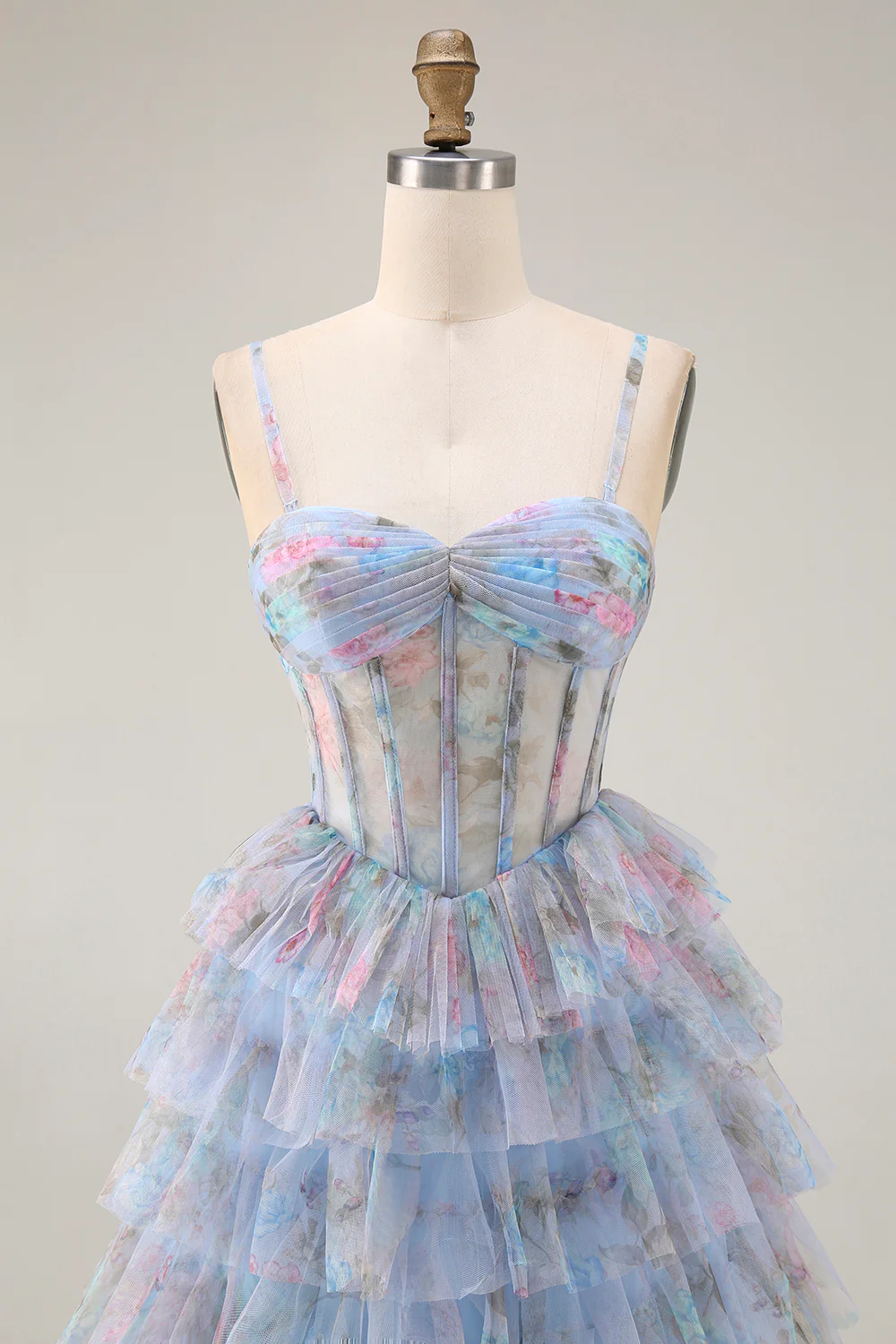 Romantic Spaghetti Strap Floral Print Tiered Ruffle Tulle Prom Dress with Corset Bodice