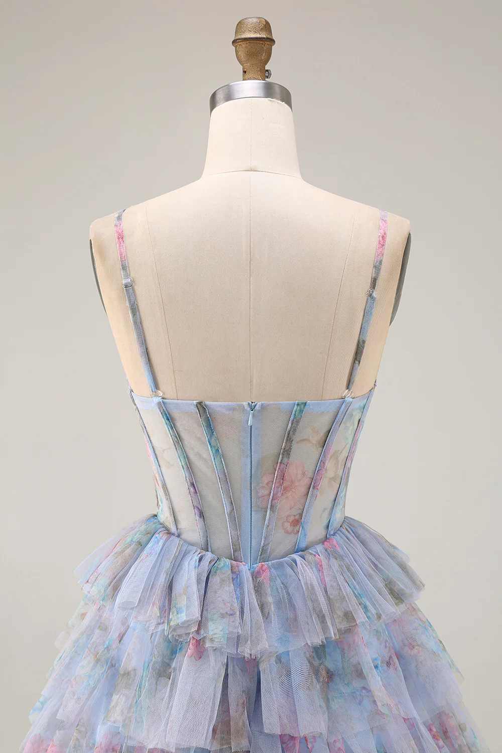 Romantic Spaghetti Strap Floral Print Tiered Ruffle Tulle Prom Dress with Corset Bodice