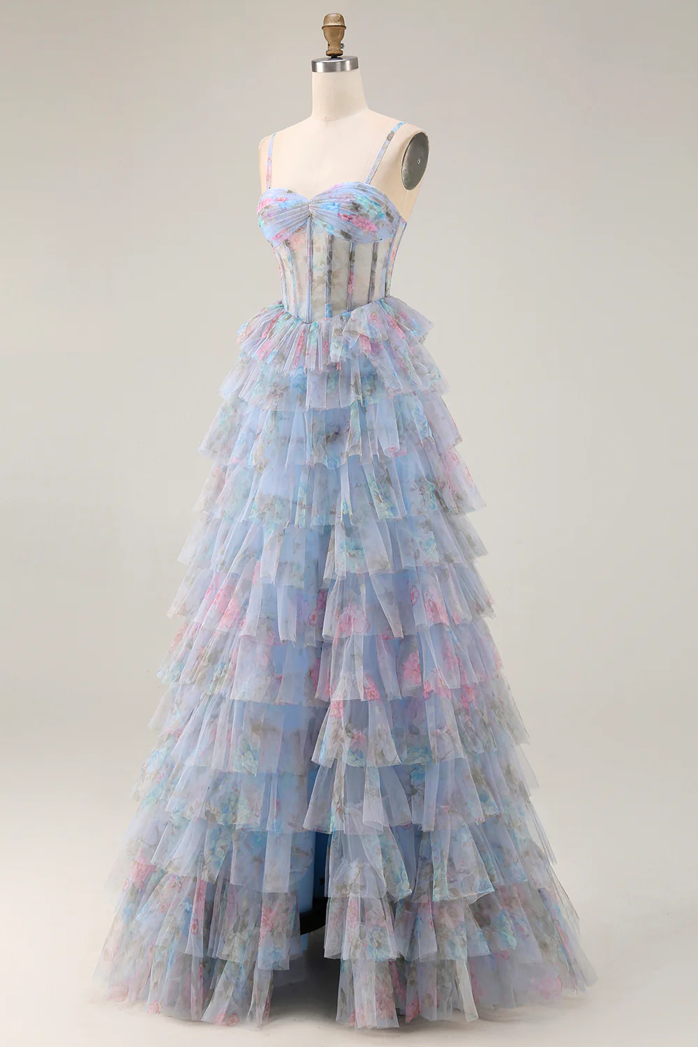 Romantic Spaghetti Strap Floral Print Tiered Ruffle Tulle Prom Dress with Corset Bodice