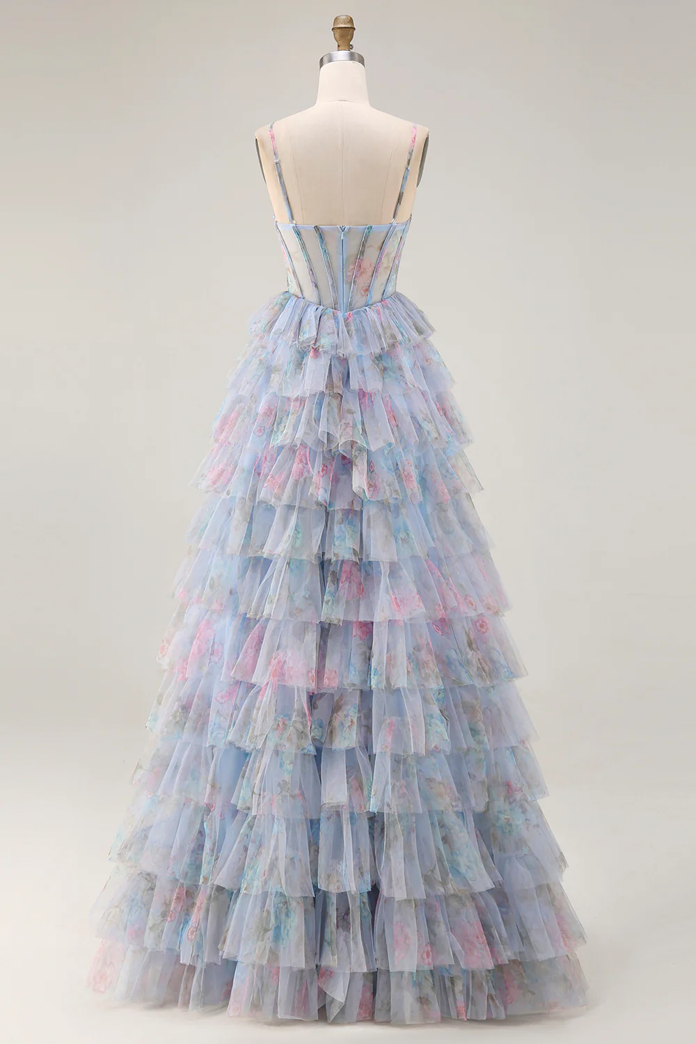 Romantic Spaghetti Strap Floral Print Tiered Ruffle Tulle Prom Dress with Corset Bodice