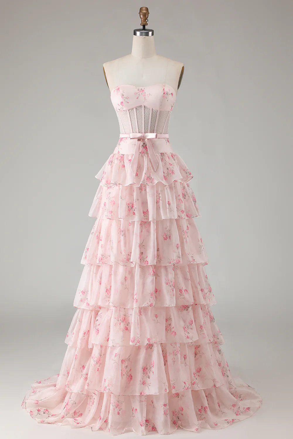 Romantic Strapless Floral Print Beaded Corset Tiered Ruffle Tulle Maxi Prom Dress
