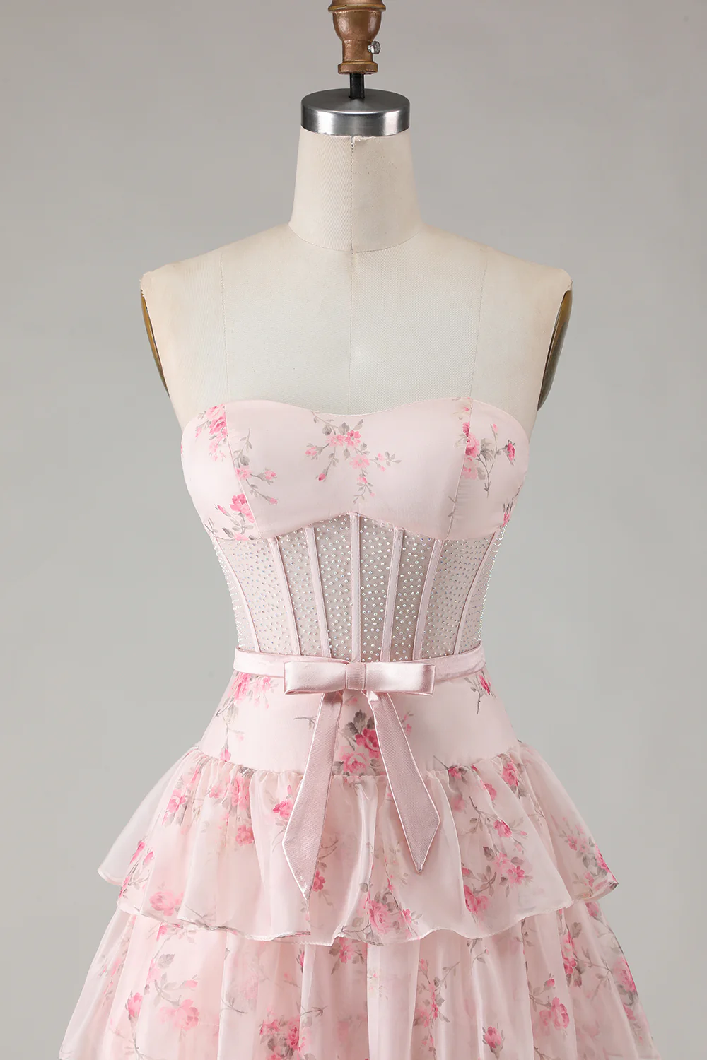 Romantic Strapless Floral Print Beaded Corset Tiered Ruffle Tulle Maxi Prom Dress