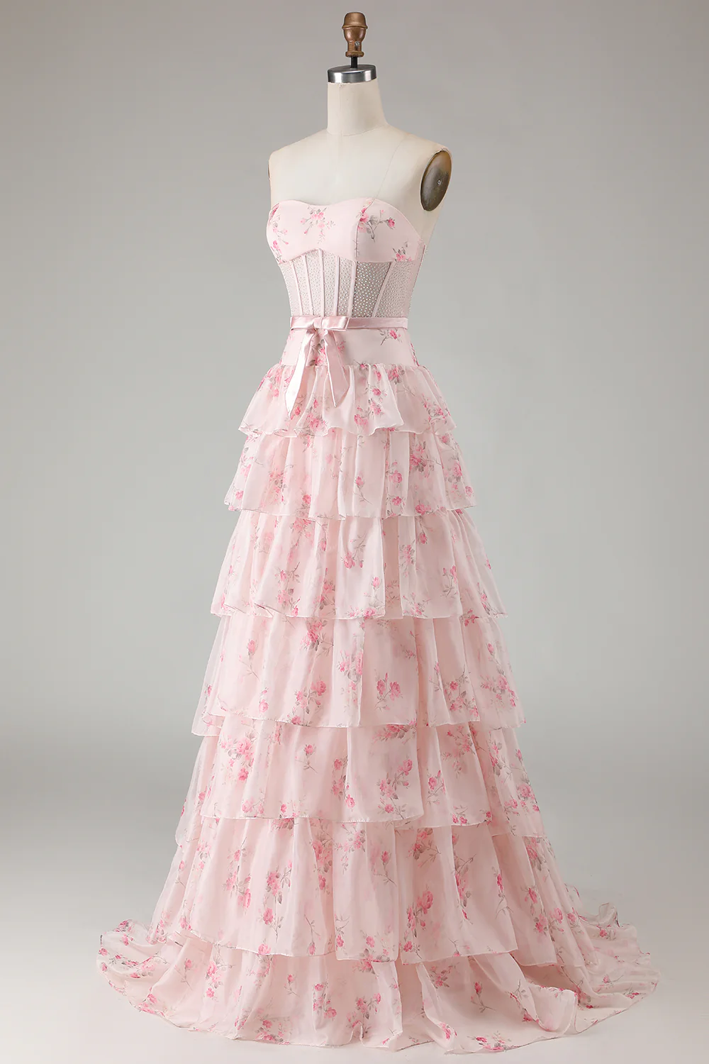 Romantic Strapless Floral Print Beaded Corset Tiered Ruffle Tulle Maxi Prom Dress
