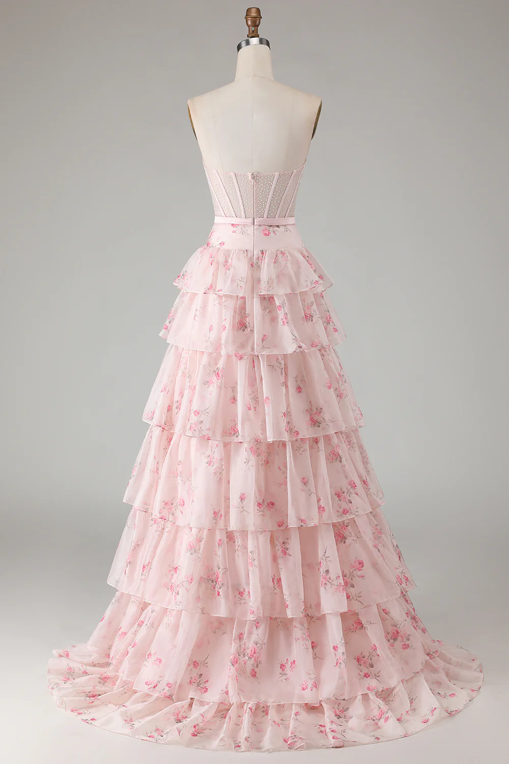 Romantic Strapless Floral Print Beaded Corset Tiered Ruffle Tulle Maxi Prom Dress
