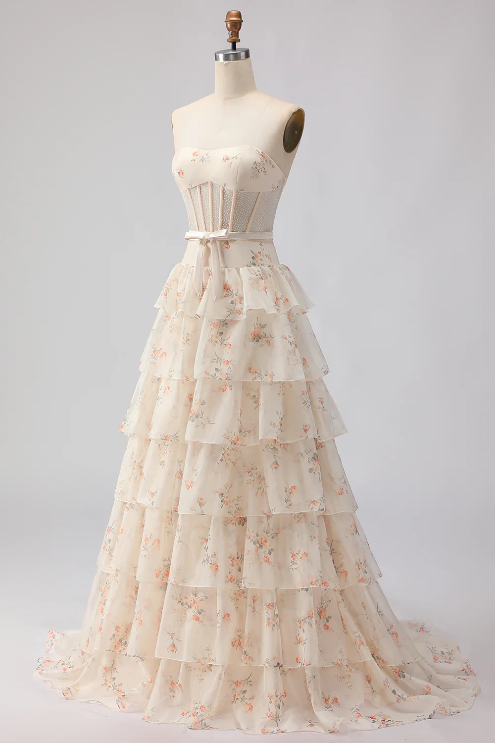 Romantic Strapless Floral Print Beaded Corset Tiered Ruffle Tulle Maxi Prom Dress