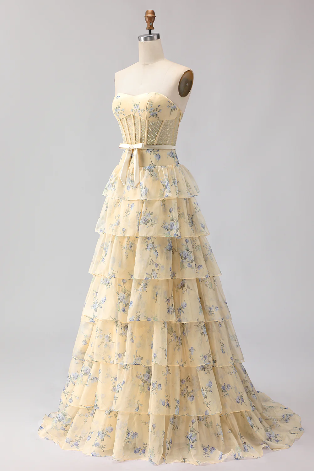 Romantic Strapless Floral Print Beaded Corset Tiered Ruffle Tulle Maxi Prom Dress