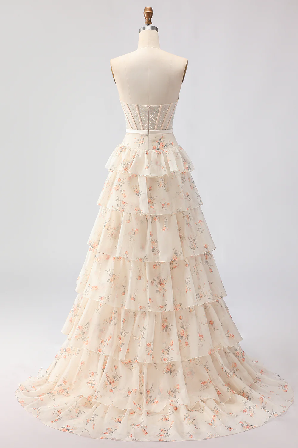 Romantic Strapless Floral Print Beaded Corset Tiered Ruffle Tulle Maxi Prom Dress