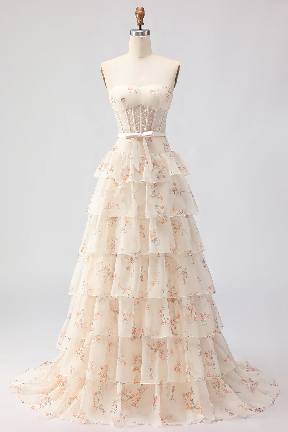 Romantic Strapless Floral Print Beaded Corset Tiered Ruffle Tulle Maxi Prom Dress