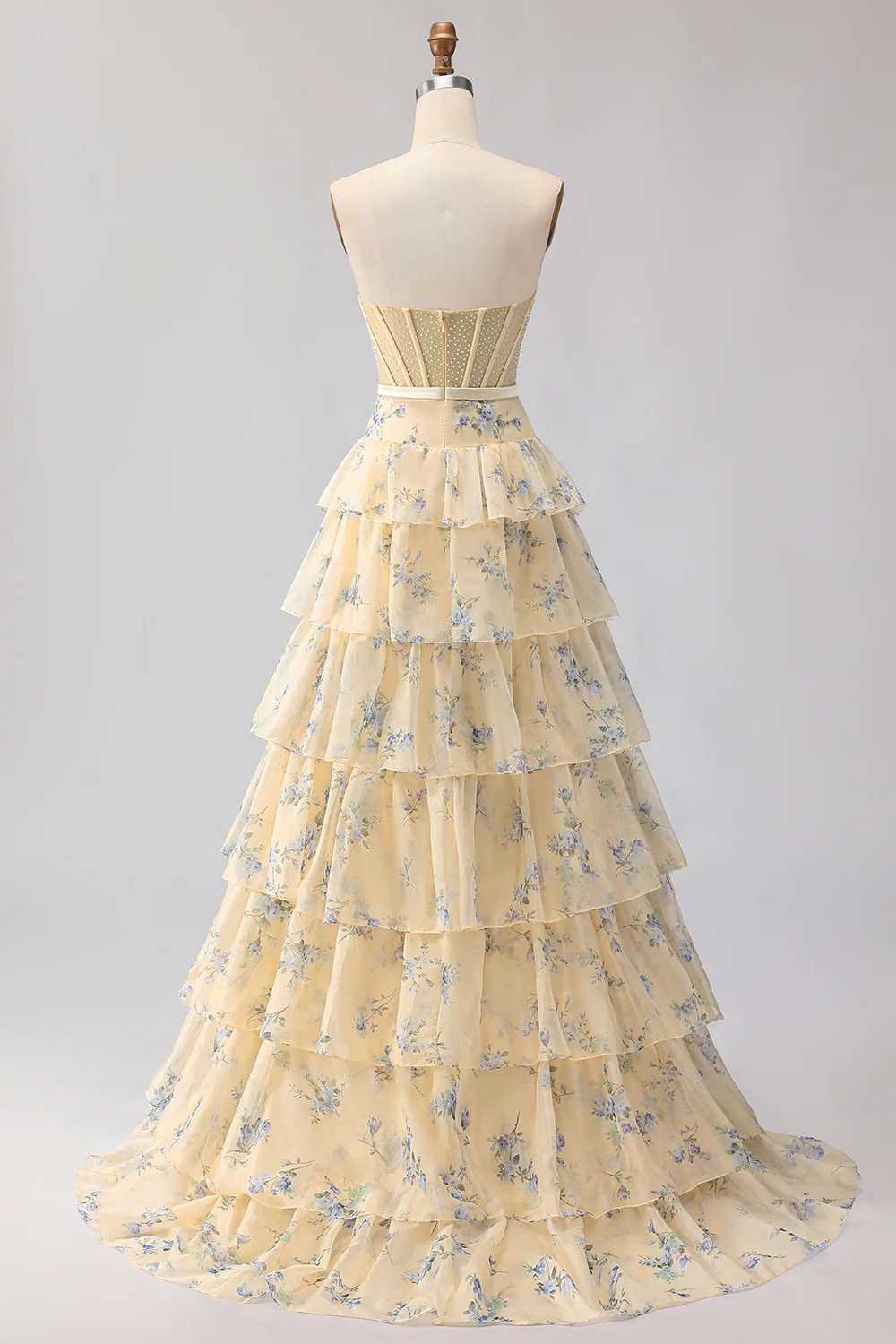 Romantic Strapless Floral Print Beaded Corset Tiered Ruffle Tulle Maxi Prom Dress