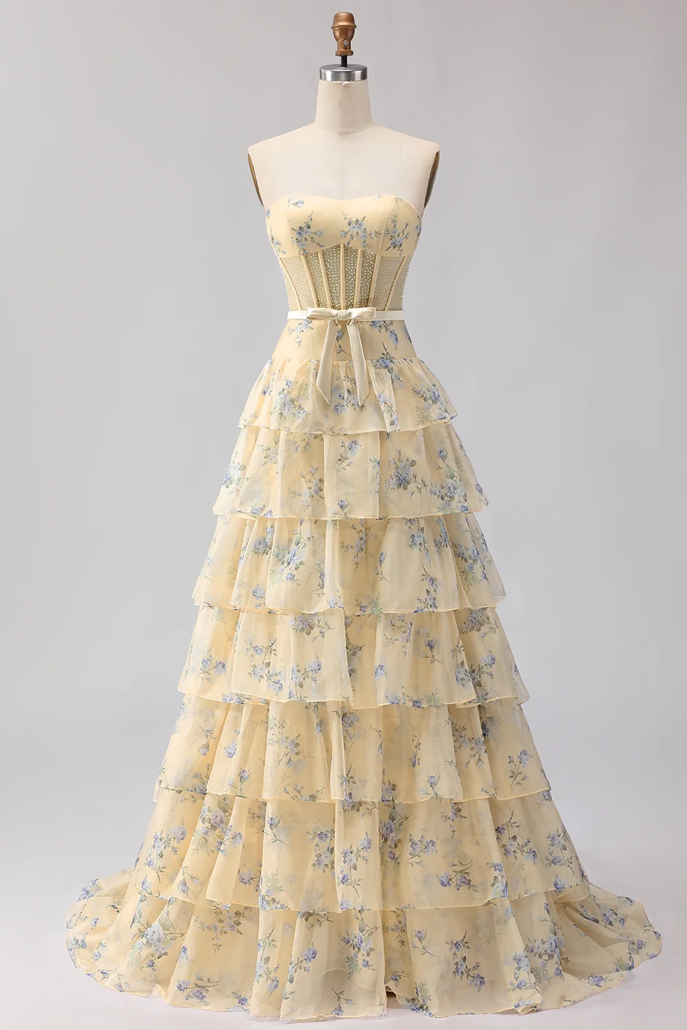 Romantic Strapless Floral Print Beaded Corset Tiered Ruffle Tulle Maxi Prom Dress