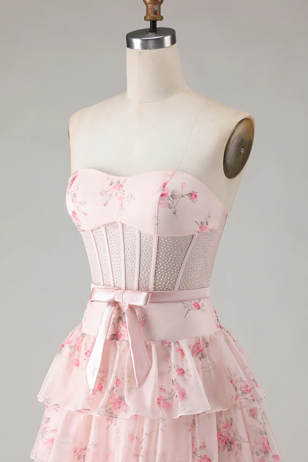 Romantic Strapless Floral Print Beaded Corset Tiered Ruffle Tulle Maxi Prom Dress