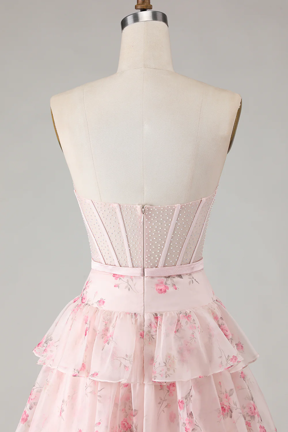 Romantic Strapless Floral Print Beaded Corset Tiered Ruffle Tulle Maxi Prom Dress