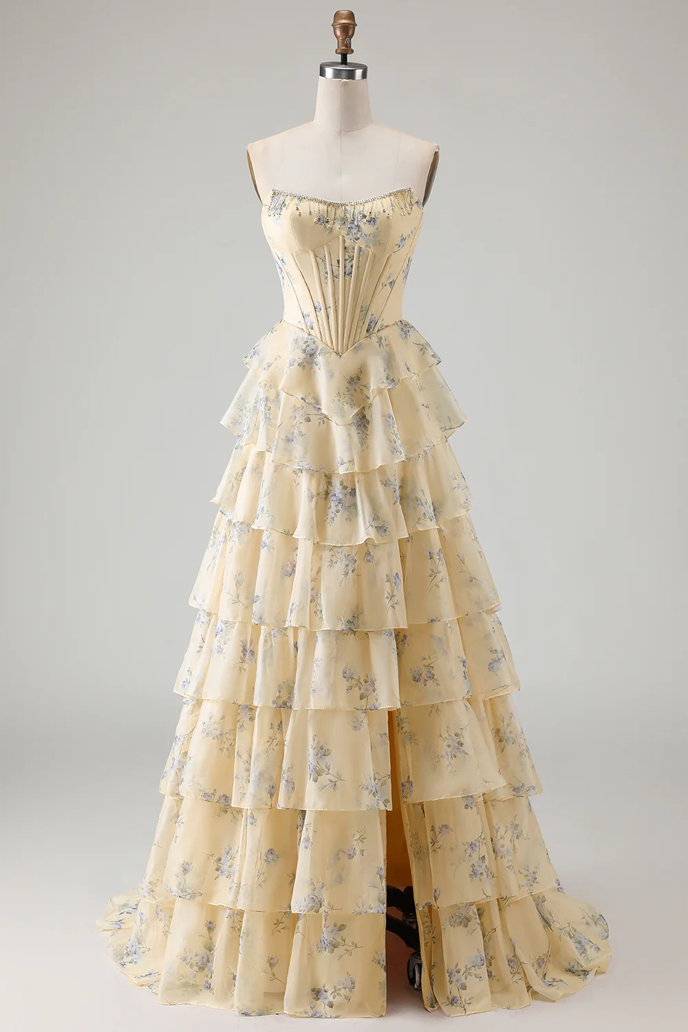 Romantic Strapless Floral Print Beaded Corset Tiered Ruffle Tulle Maxi Prom Dress with Train