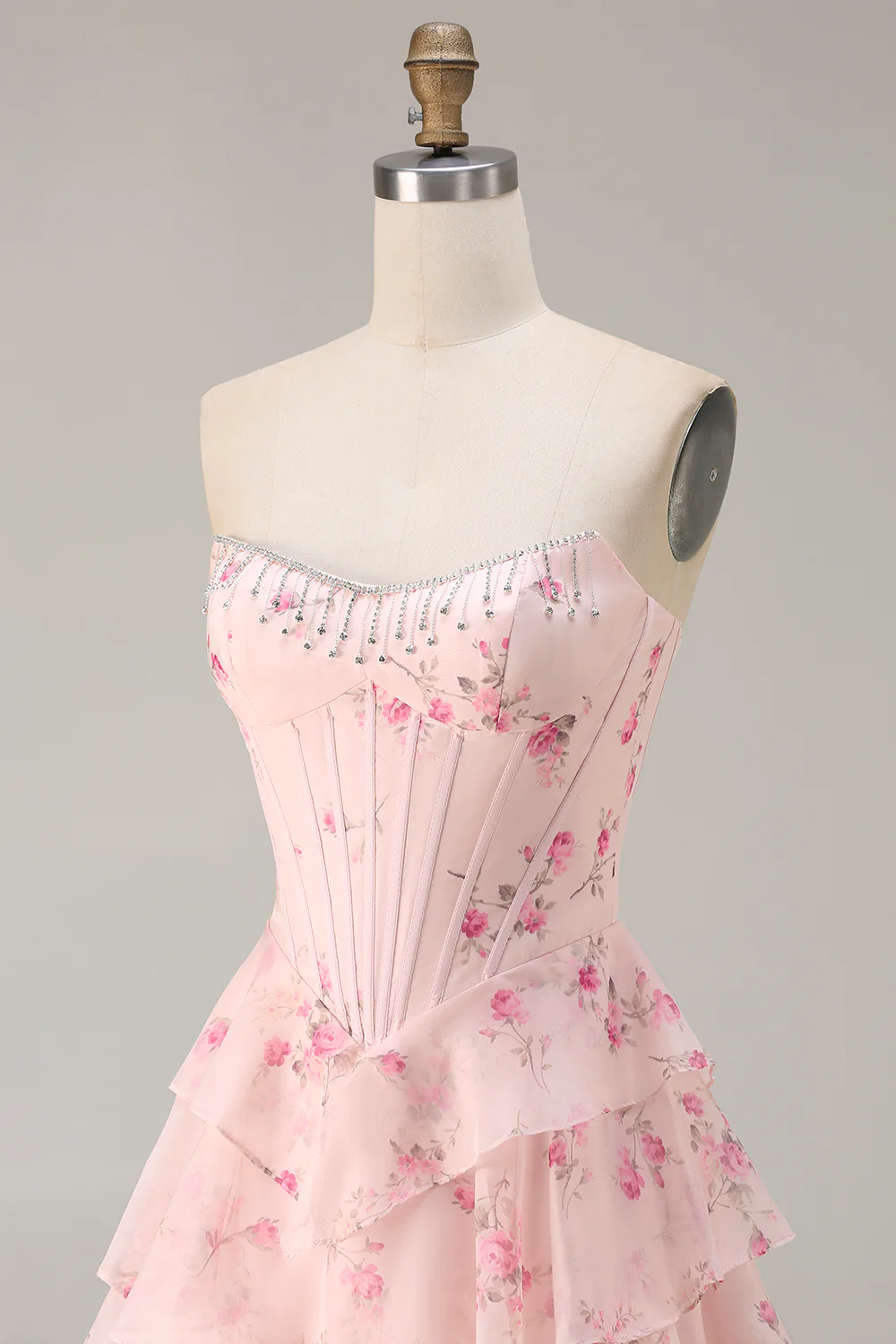 Romantic Strapless Floral Print Beaded Corset Tiered Ruffle Tulle Maxi Prom Dress with Train