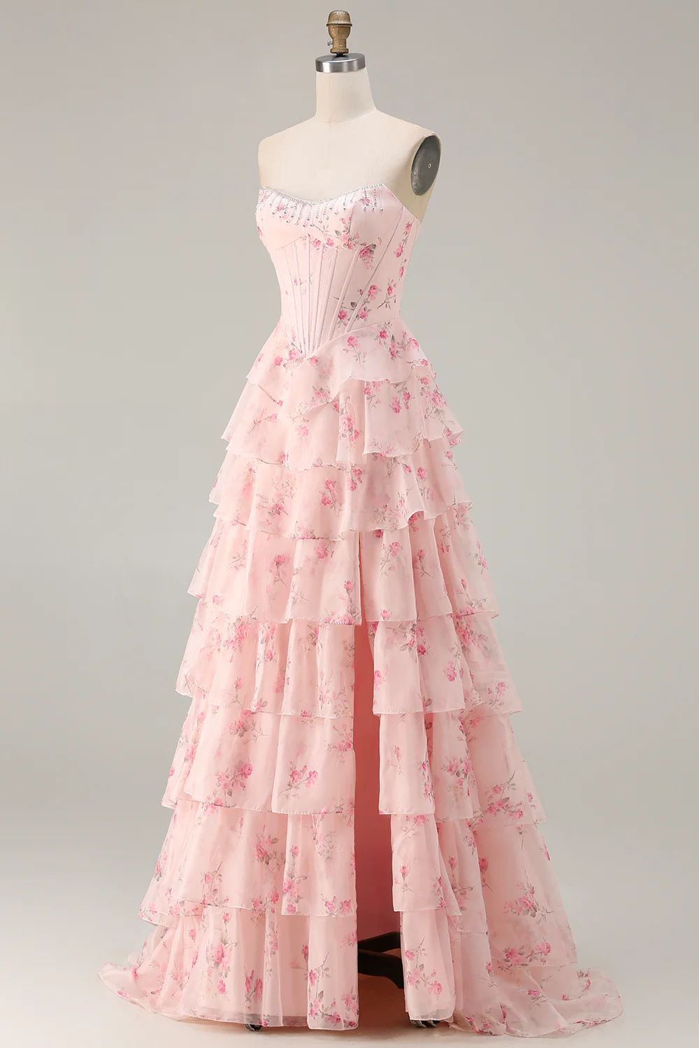 Romantic Strapless Floral Print Beaded Corset Tiered Ruffle Tulle Maxi Prom Dress with Train