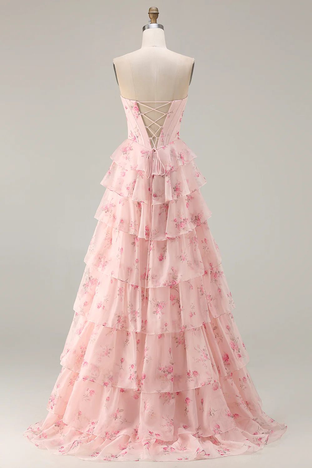 Romantic Strapless Floral Print Beaded Corset Tiered Ruffle Tulle Maxi Prom Dress with Train