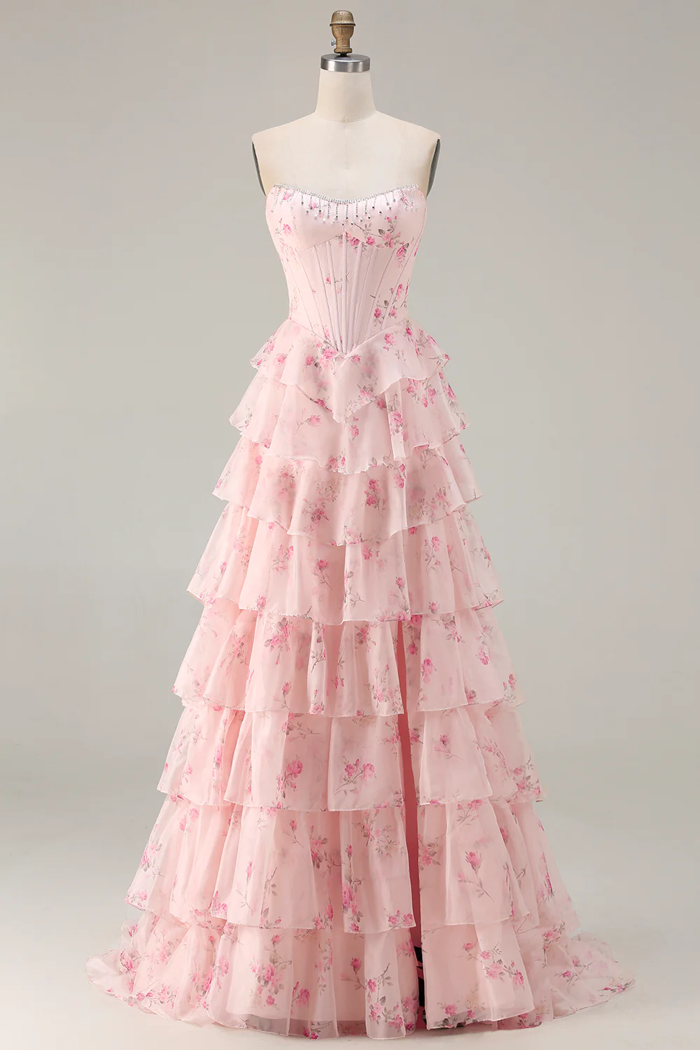 Romantic Strapless Floral Print Beaded Corset Tiered Ruffle Tulle Maxi Prom Dress with Train