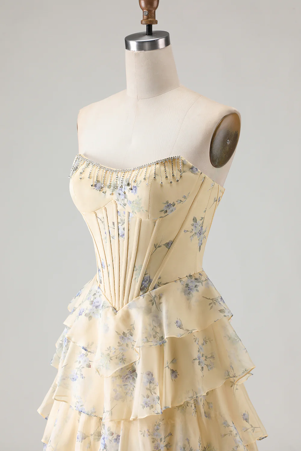 Romantic Strapless Floral Print Beaded Corset Tiered Ruffle Tulle Maxi Prom Dress with Train