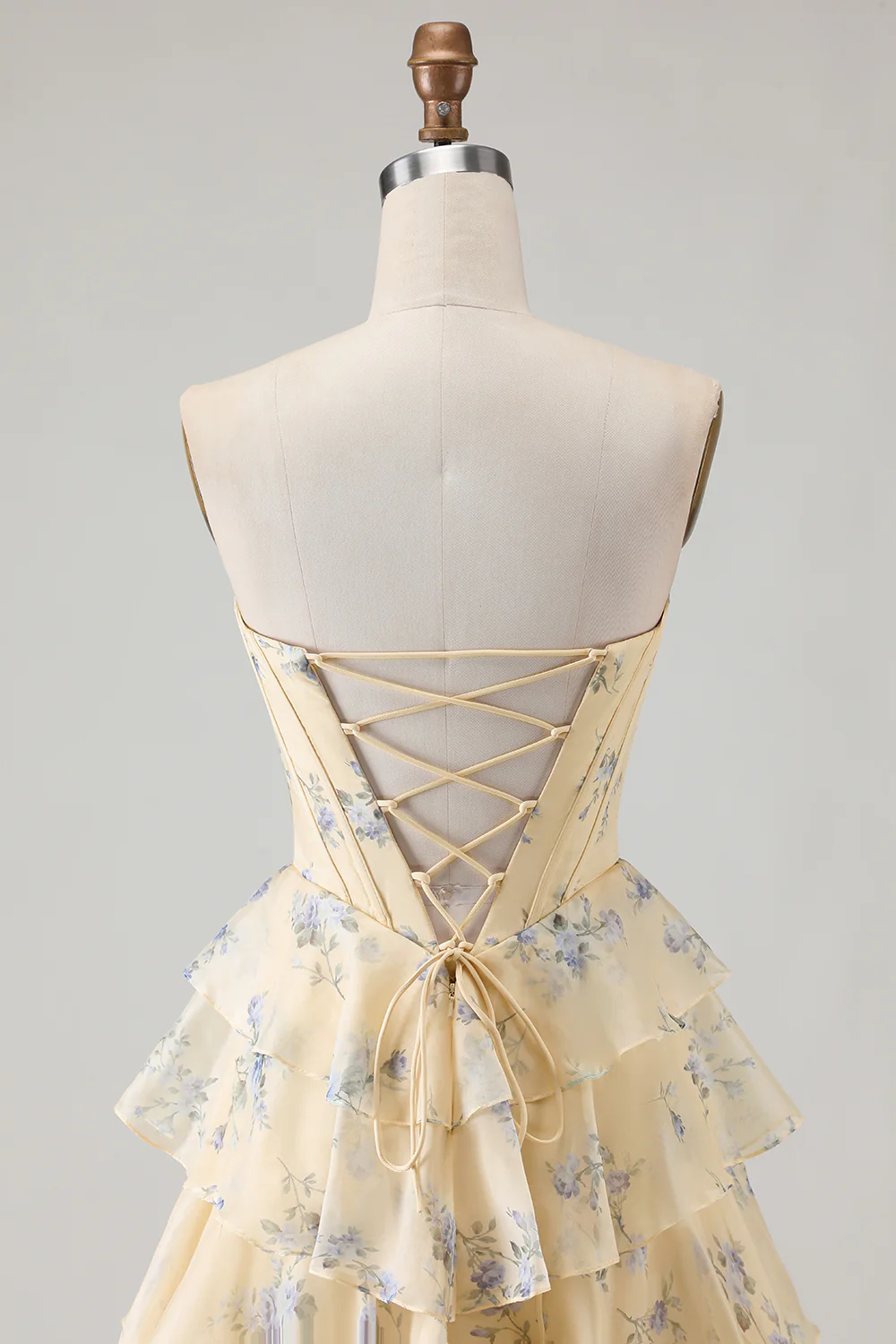 Romantic Strapless Floral Print Beaded Corset Tiered Ruffle Tulle Maxi Prom Dress with Train