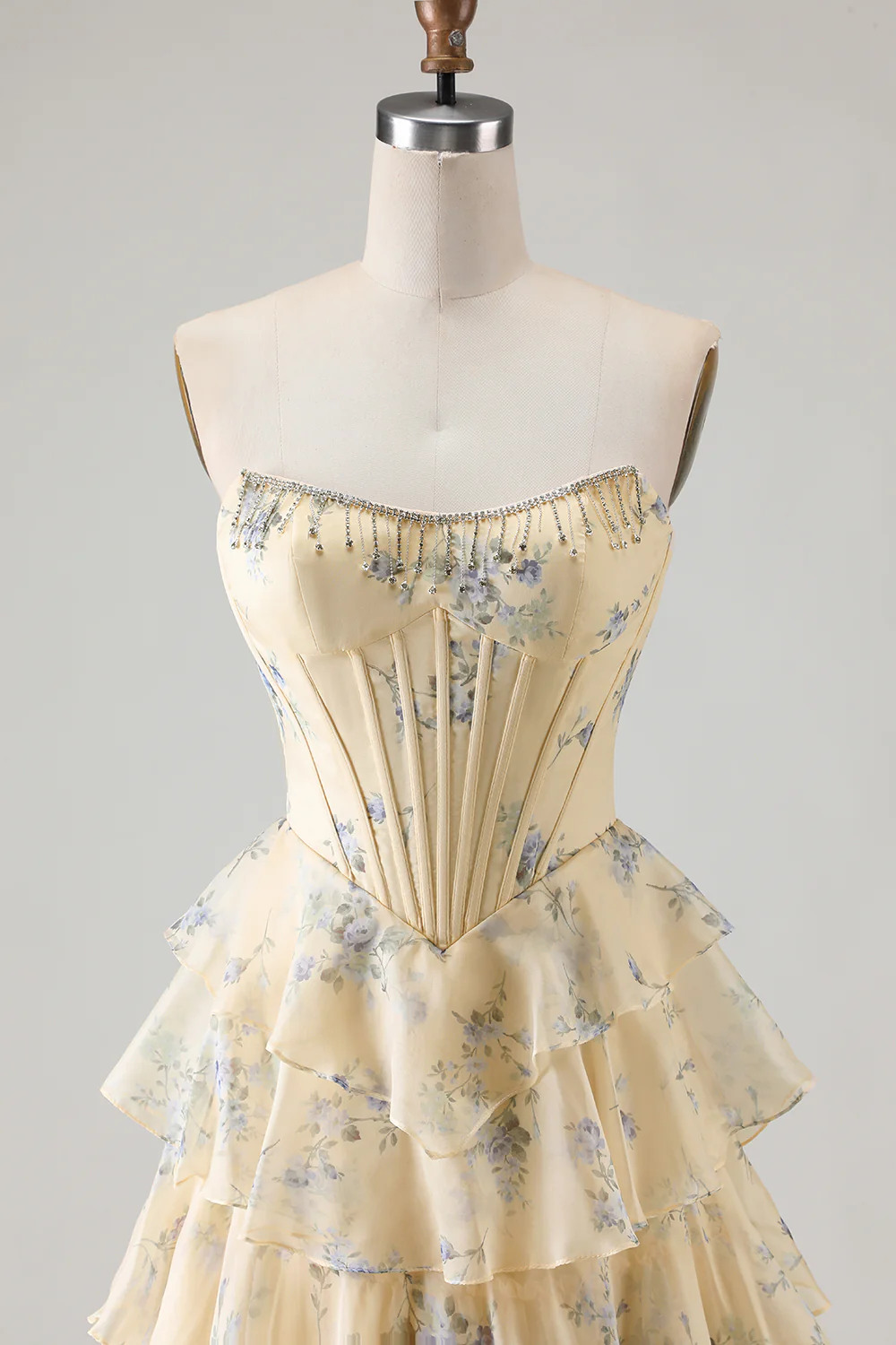 Romantic Strapless Floral Print Beaded Corset Tiered Ruffle Tulle Maxi Prom Dress with Train