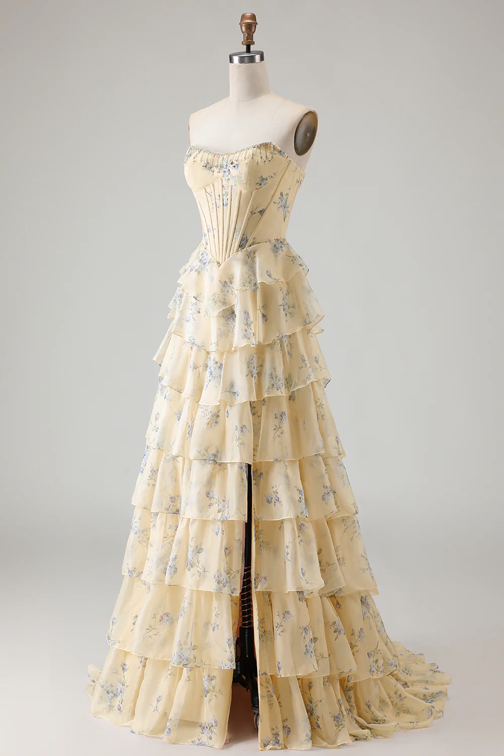 Romantic Strapless Floral Print Beaded Corset Tiered Ruffle Tulle Maxi Prom Dress with Train