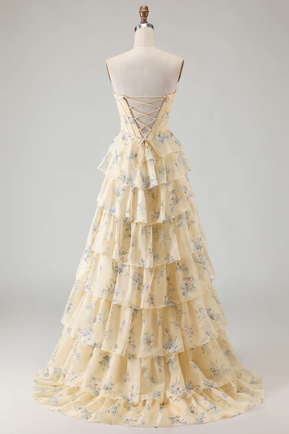 Romantic Strapless Floral Print Beaded Corset Tiered Ruffle Tulle Maxi Prom Dress with Train
