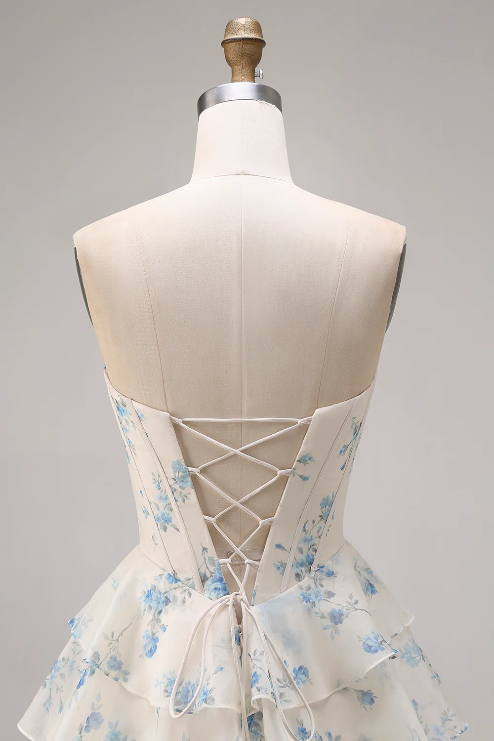 Romantic Strapless Floral Print Beaded Corset Tiered Ruffle Tulle Maxi Prom Dress with Train