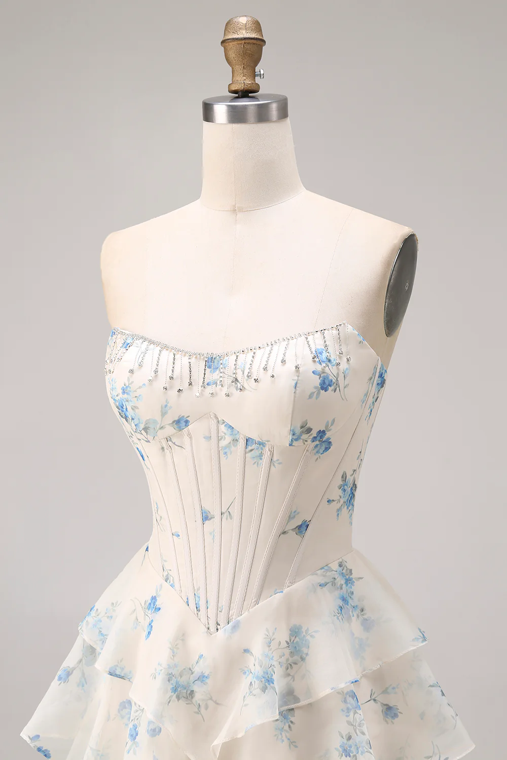 Romantic Strapless Floral Print Beaded Corset Tiered Ruffle Tulle Maxi Prom Dress with Train