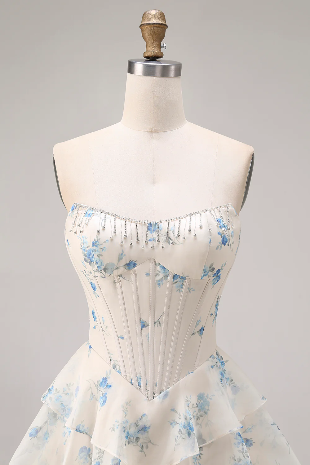 Romantic Strapless Floral Print Beaded Corset Tiered Ruffle Tulle Maxi Prom Dress with Train