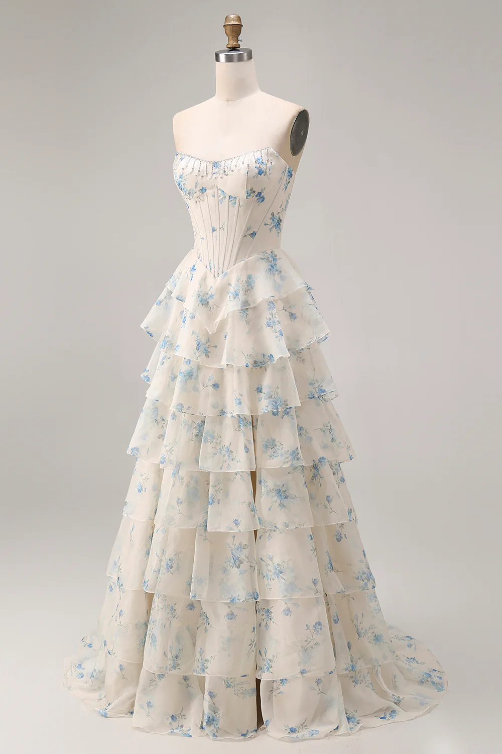 Romantic Strapless Floral Print Beaded Corset Tiered Ruffle Tulle Maxi Prom Dress with Train