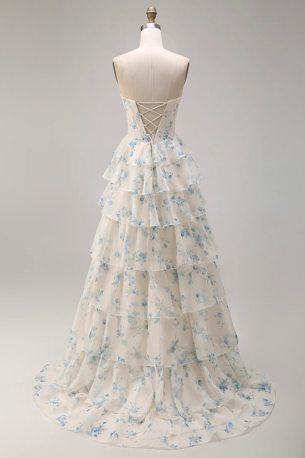 Romantic Strapless Floral Print Beaded Corset Tiered Ruffle Tulle Maxi Prom Dress with Train